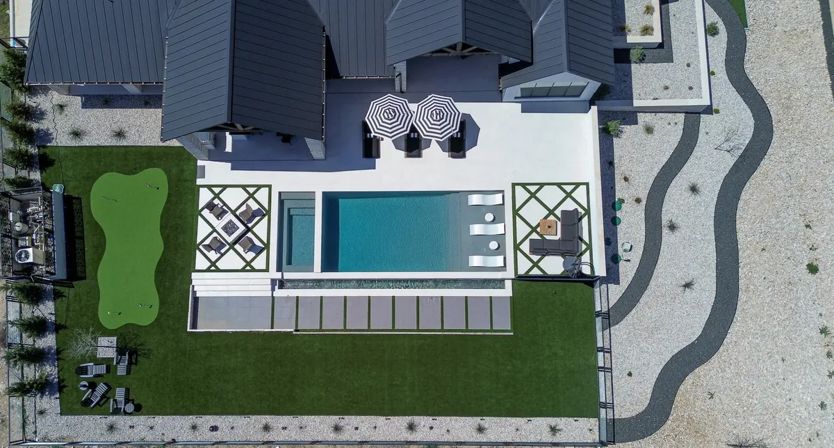 Overhead view of a complete Ambia pool and landscape design