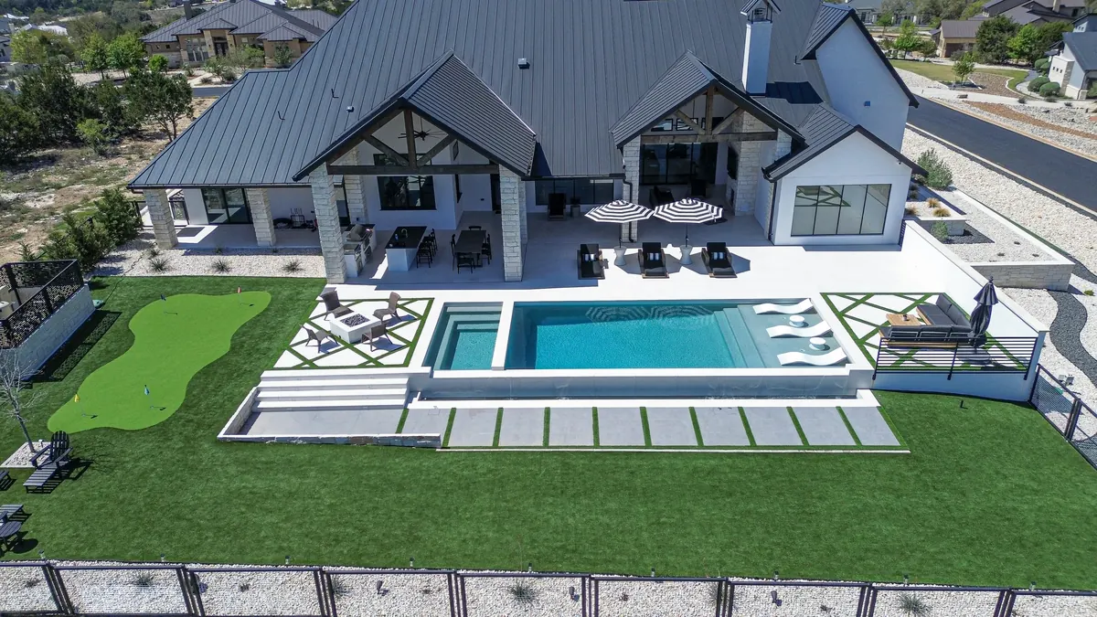 Pool and outdoor living spaces seen from above