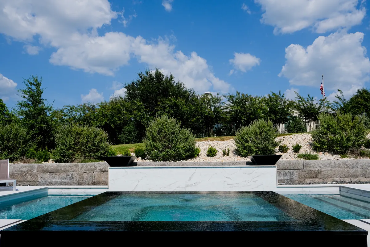A closer view of the pool’s water and surrounding terrace